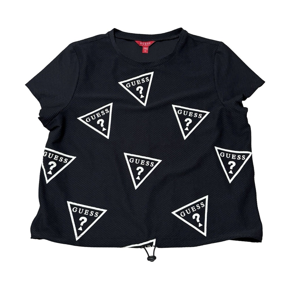 GUESS Women's Black Mesh AOP Logo Jersey T Shirt Cropped Size XS 19 x 20